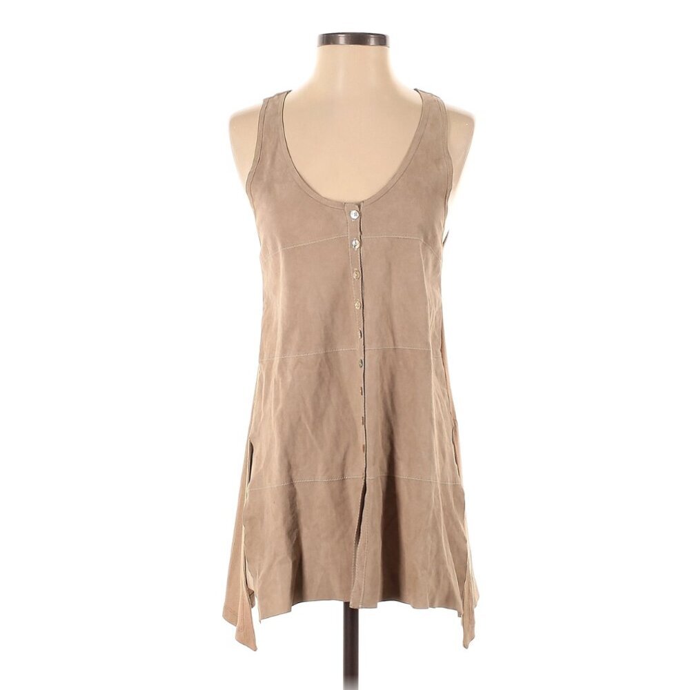 Illia NWT Tan Nude Suede Leather Ribbed Tank Top Tunic Long Sleeveless Tee Sz 4 - Picture 2 of 5